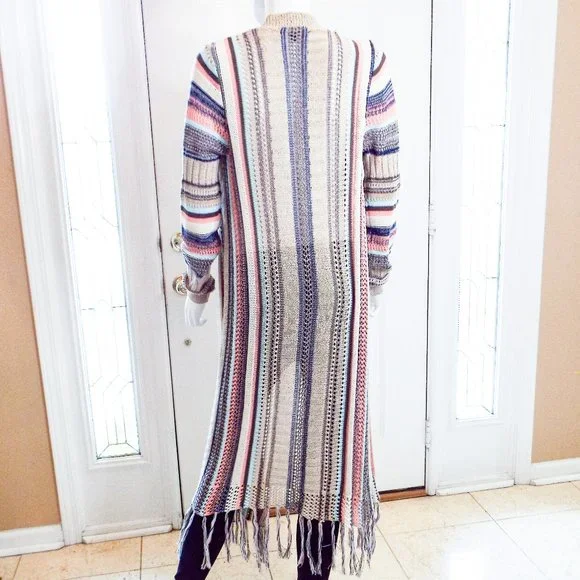 DON'T YOU DARE PINK BLUE MULTI LONG SLEEVE FULL LENGTH SPRING CARDIGAN W/ FRINGE - Picture 3 of 5